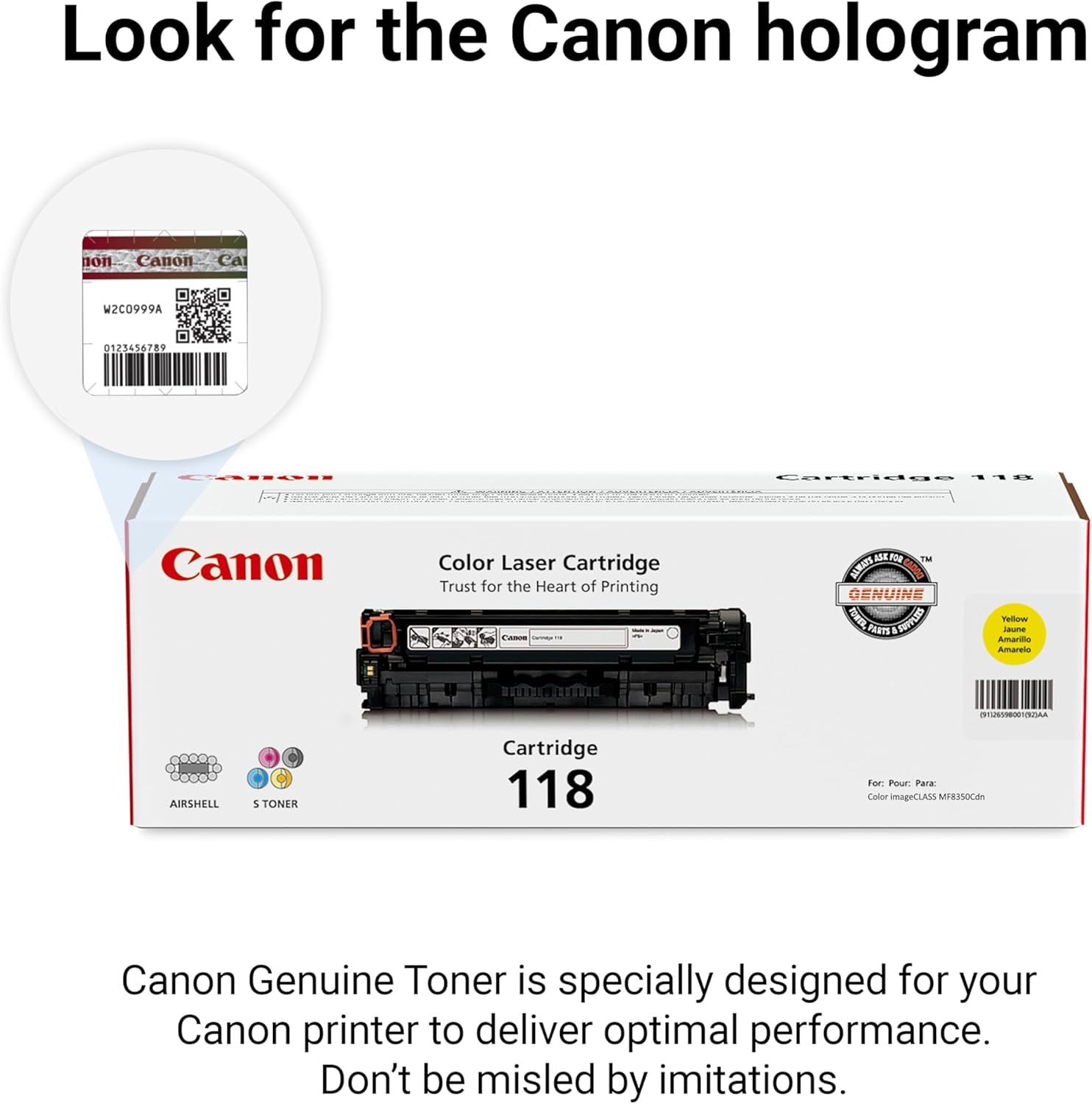 Canon Genuine 118 Yellow Toner Cartridge Compatible with MF720 Series, LBP7200Cdn, LBP7660Cdn, MF8300 Series, MF8580Cdw