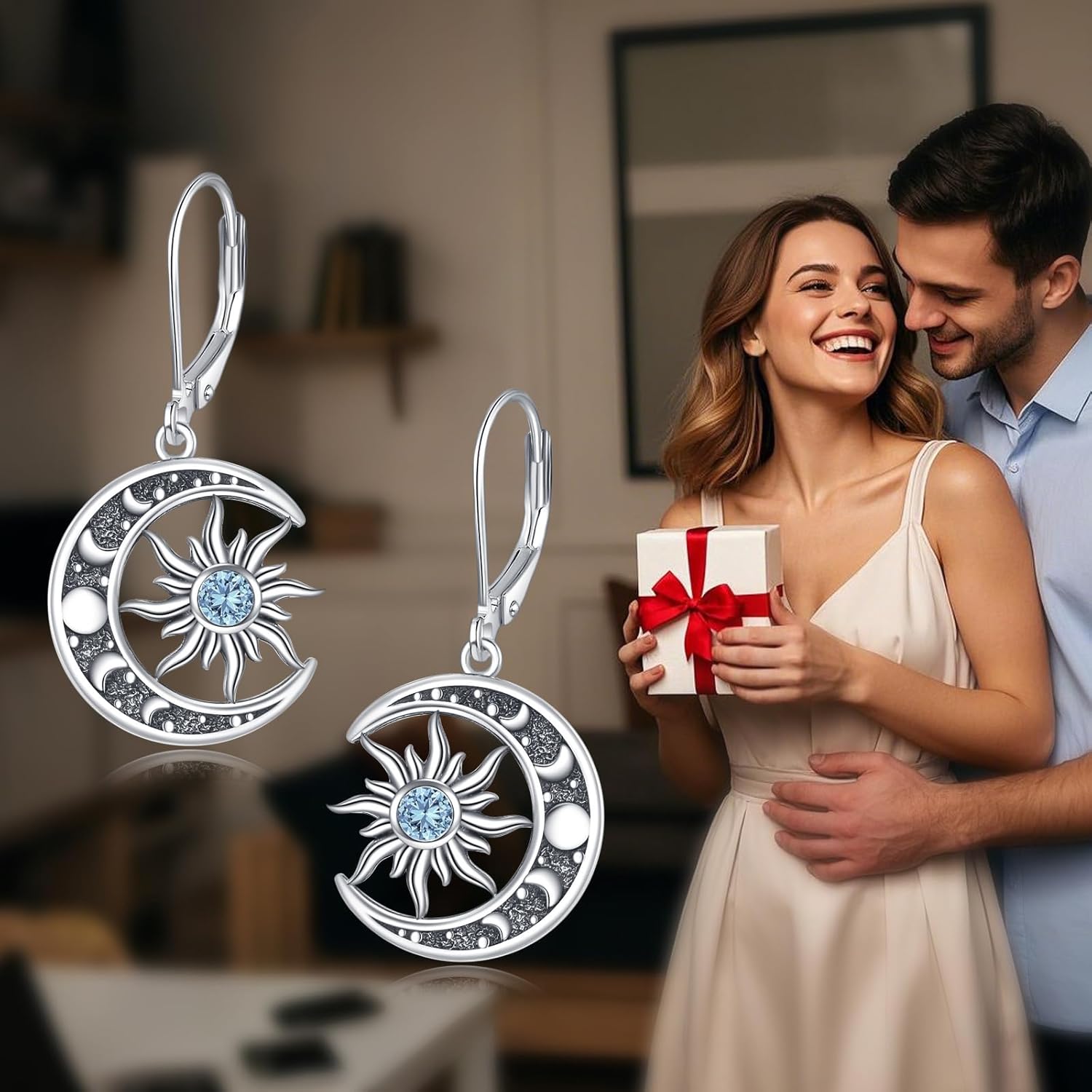 Birthstone Earrings 925 Sterling Silver Birthstone Dangle Earrings Sun Moon Jewelry Gifts for Women