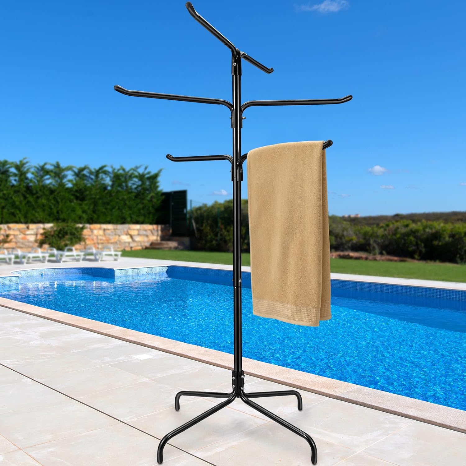 Pool Towel Rack Outdoor, Heavy Duty Freestanding Towel Holder Stand with 6 Bars & Stable Metal Base, 52-inch Tall Hot Tub Towel Hanger for Poolside, Spa, Bathroom, Sauna (White)