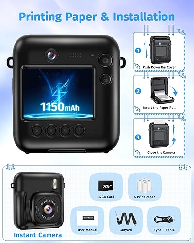 Miniatura 8 de Cámara instantánea, cámara de doble lente para niños, impresión instantánea para niños y niñas, regalos de cumpleaños, cámaras digitales 1080P para