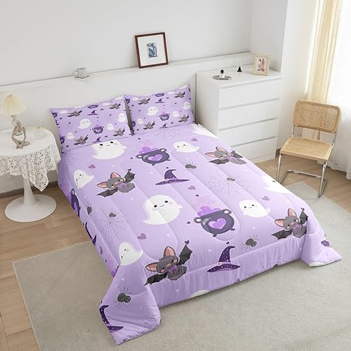 Miniatura 4 de Homewish Juego de edredón de murciélagos y arañas, juego de ropa de cama estilo caricatura para niños, niñas y mujeres, edredón lindo de fantasma,