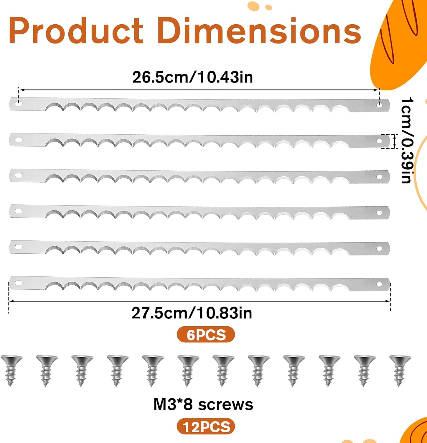 6 Pcs Bread Bow Knife Blades, 10.8" Serrated Stainless Steel Blades with Screws for Wooden Bread Knife, Baguettes, Sourdough, Cakes