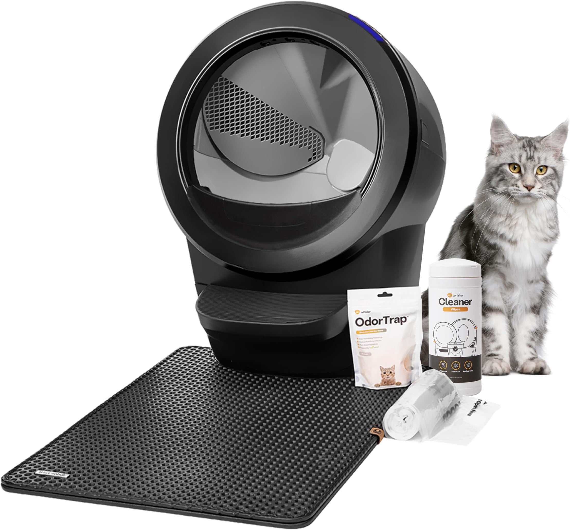 Litter-Robot 4 Core Bundle by Whisker, Black - Automatic, Self-Cleaning Cat Litter Box, Includes Litter-Robot 4, 6 OdorTrap Refills, 25 Liners, 30 Cleaner Wipes, Mat & Fence