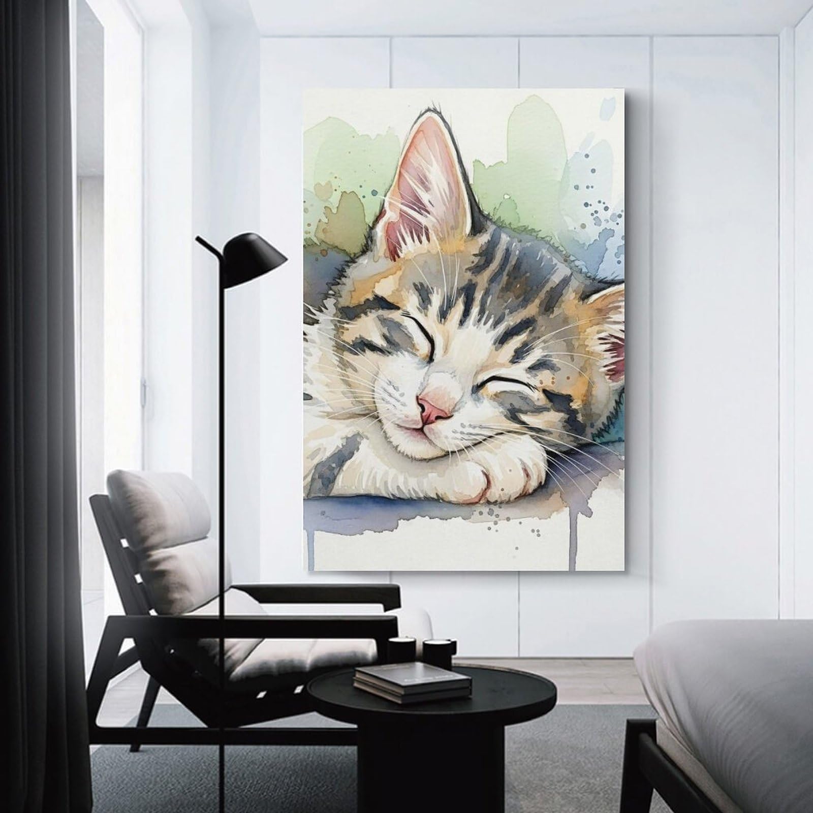 Junmoney Room Decor Wall Art Sleeping Kitten Watercolor Painting, 12x18inch(30x45cm), for Workspace Walls, Study Corners Or Bedrooms, A Smart Decor Choice for Study Walls