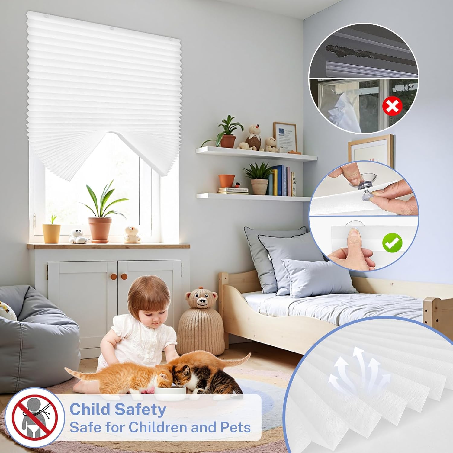 UrMoon 4 Packs Temporary Pleated Shades for Windows Paper Pleated Blinds with Suction Cup No Drill Free Cut Size Fabric Shades for Door and Home, Light Filtering White, 36" W x 70" H