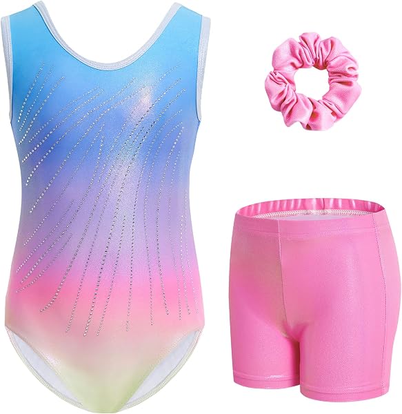Gogokids Ensemble de Gymnastique Trois Pièces pour Filles, Justaucorps Sans Manches avec Shorts et Bandeau, Tenue de Gymnastique avec Design de Couleur Scintillants Dégradée pour 3 à 12 Ans - 1
