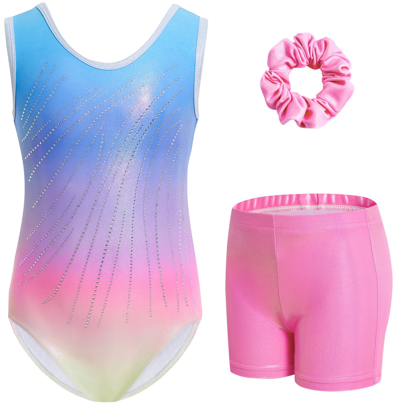 Gogokids Conjunto de gimnasia de tres piezas para niña, cuello en Y, sin mangas, con pantalones cortos y diadema, traje de gimnasia con diseño de bloques de color azul y morado, 3-12 años — view 30