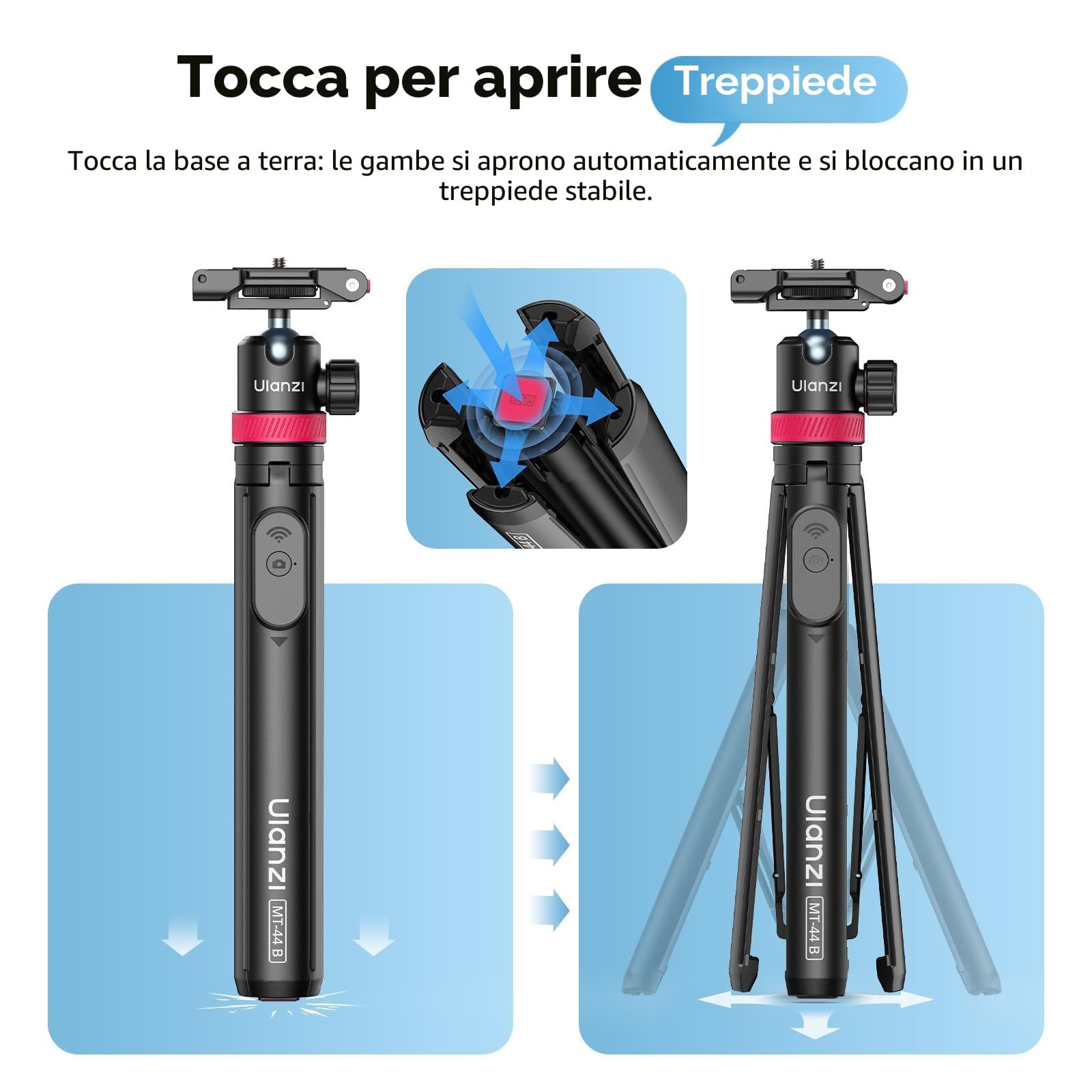 Ulanzi MT-44B Asta per selfie Doppio Slot per smartphone & mirrorless 150 cm, Treppiedi per cellulare Quad Base, Cavalletto macchina fotografica 415 g, Compatibile con iphone/samsung/realme/xiaomi