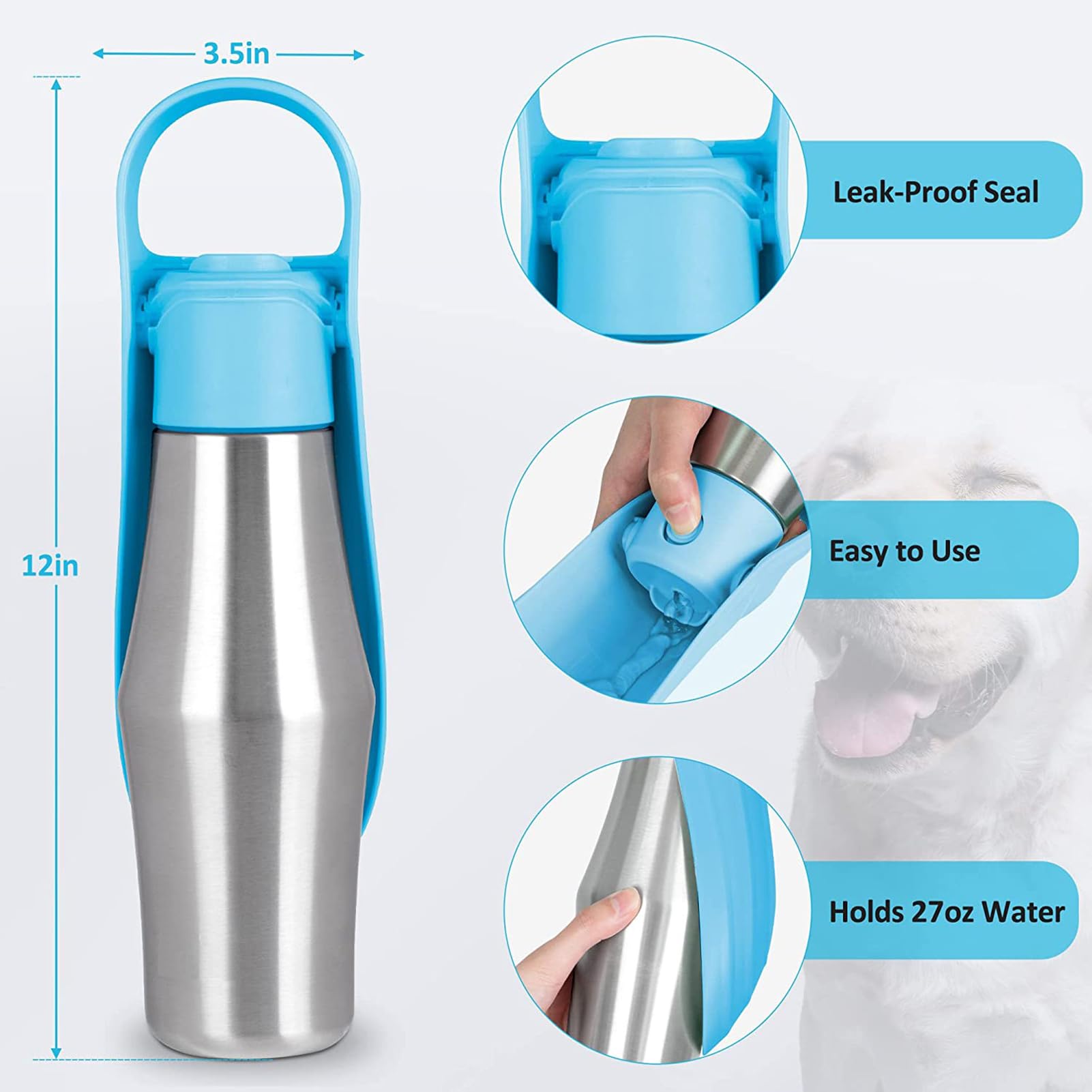Borraccia portatile per cani, dispenser d'acqua per cani, in acciaio inox, tazza da viaggio per animali domestici, bottiglia d'acqua per esterni, ciotola pieghevole per cani (verde chiaro)