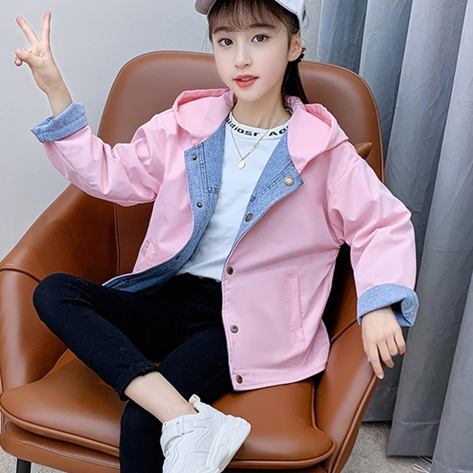 Chaqueta Vaquera Niña con Capucha Abrigo de Diseño Reversible para Primavera Otoño