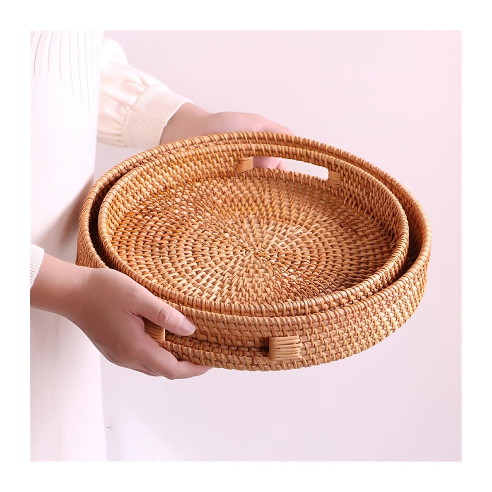 2 Pack Handmade Rattan Bread Baskets Round Rattan Serving Tray with Handles Wicker Fruit Serving Storage Bowls Home Decor Organizer for Breakfast, Tea, Snack, Coffee