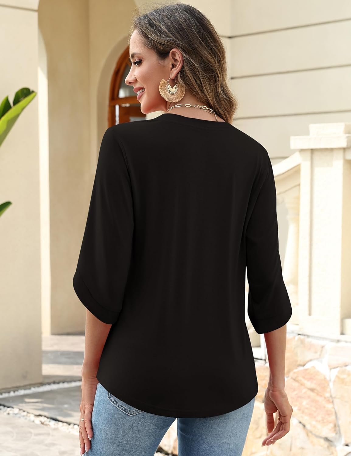 Kistore Womens 3/4 Length Sleeve Tunic Tops Casual V Neck Shirts Business Work Blouses Trendy Flowy Tees - Image 4