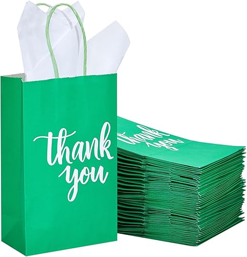 Miniatura 2 de DjinnGlory Paquete de 50 pequeñas bolsas de regalo de papel verde de agradecimiento con asas de 9 x 5.5 x 3.15 pulgadas y 50 hojas de papel de seda