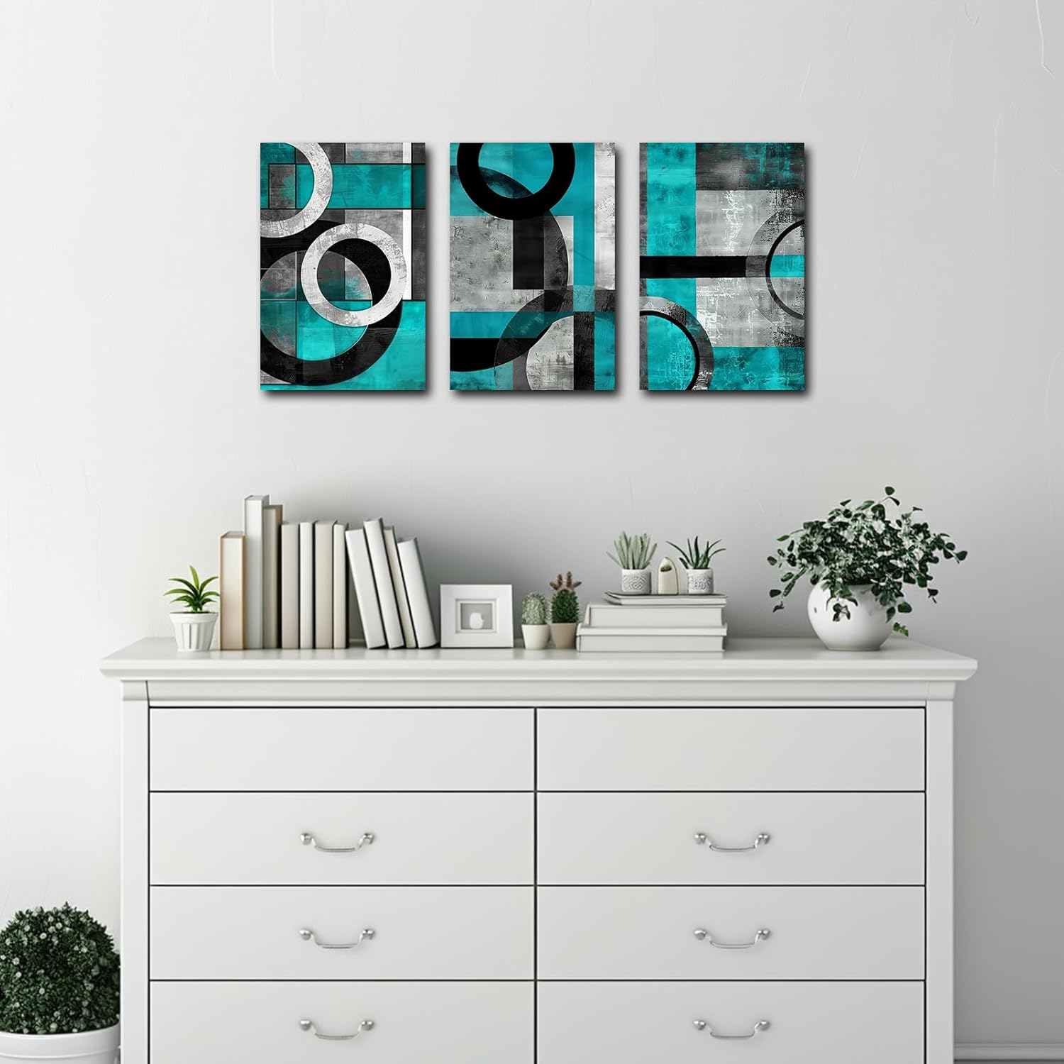 SWQYLB Teal Abstract Wall Art Blue and Gray Canvas Print 3 Pieces Abstract Geometric Circle Black Gray Painting for Home Office Decor Framed (Teal, 12.00" x 16.00" x 3PCS)
