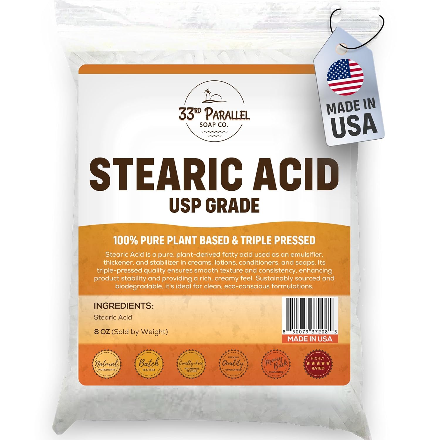 Stearic Acid USP Grade (8oz) White Flakes Triple Pressed NF/USP | 100% Plant-Based, Natural Emulsifier, Solidifier & Thickener for Creams, Lotions, Soaps & Candle Making | 8 Ounces