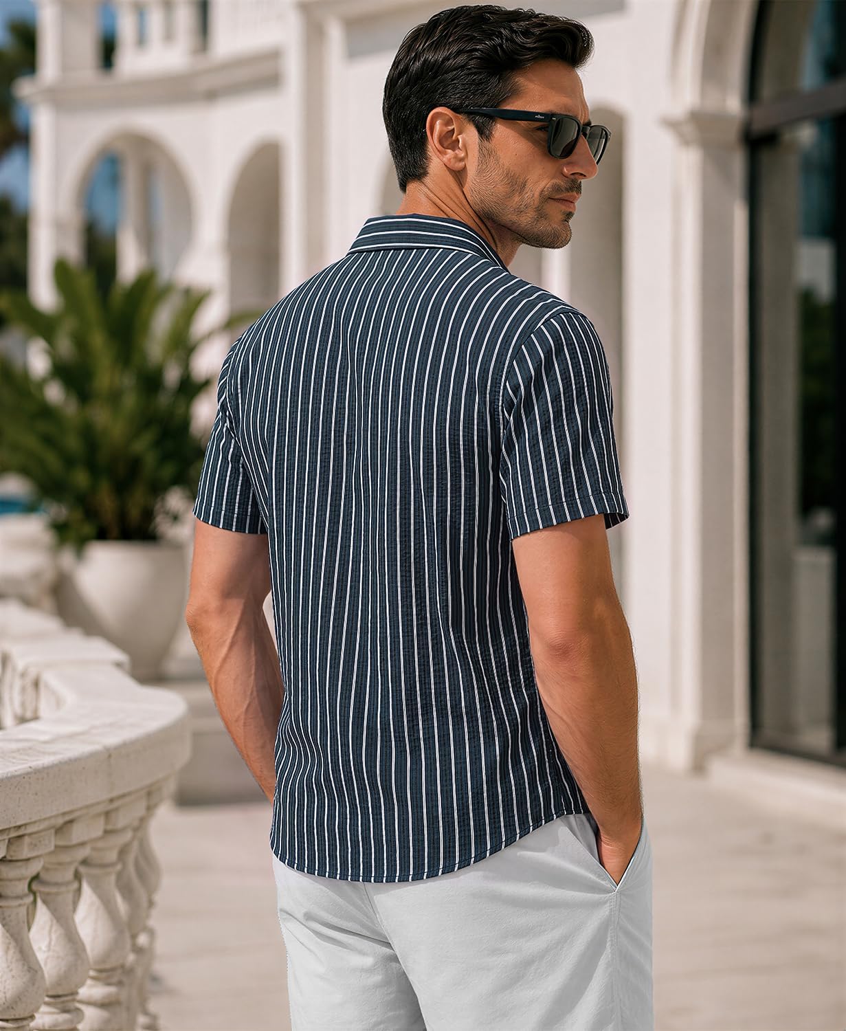 KYKU Men's Striped Shirts Short Sleeve Button Down Textured Beach Shirt image 3