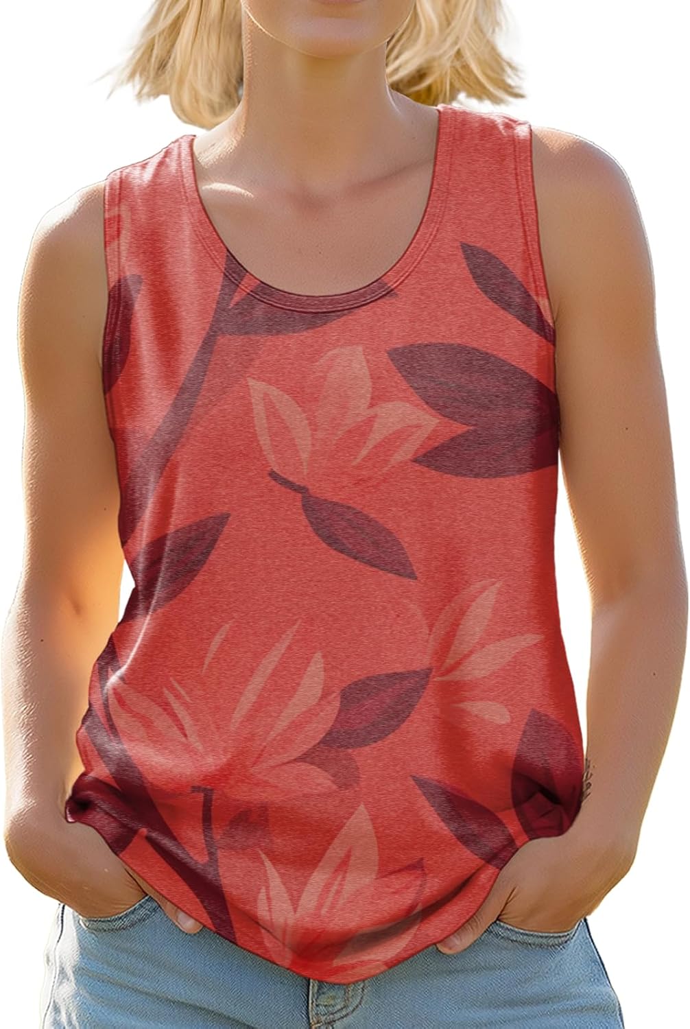 Summer Shirts for Women Sleeveless Loose Fit Plus Size Beach Cute Pattern Workout Sports Scoop Neck Tees