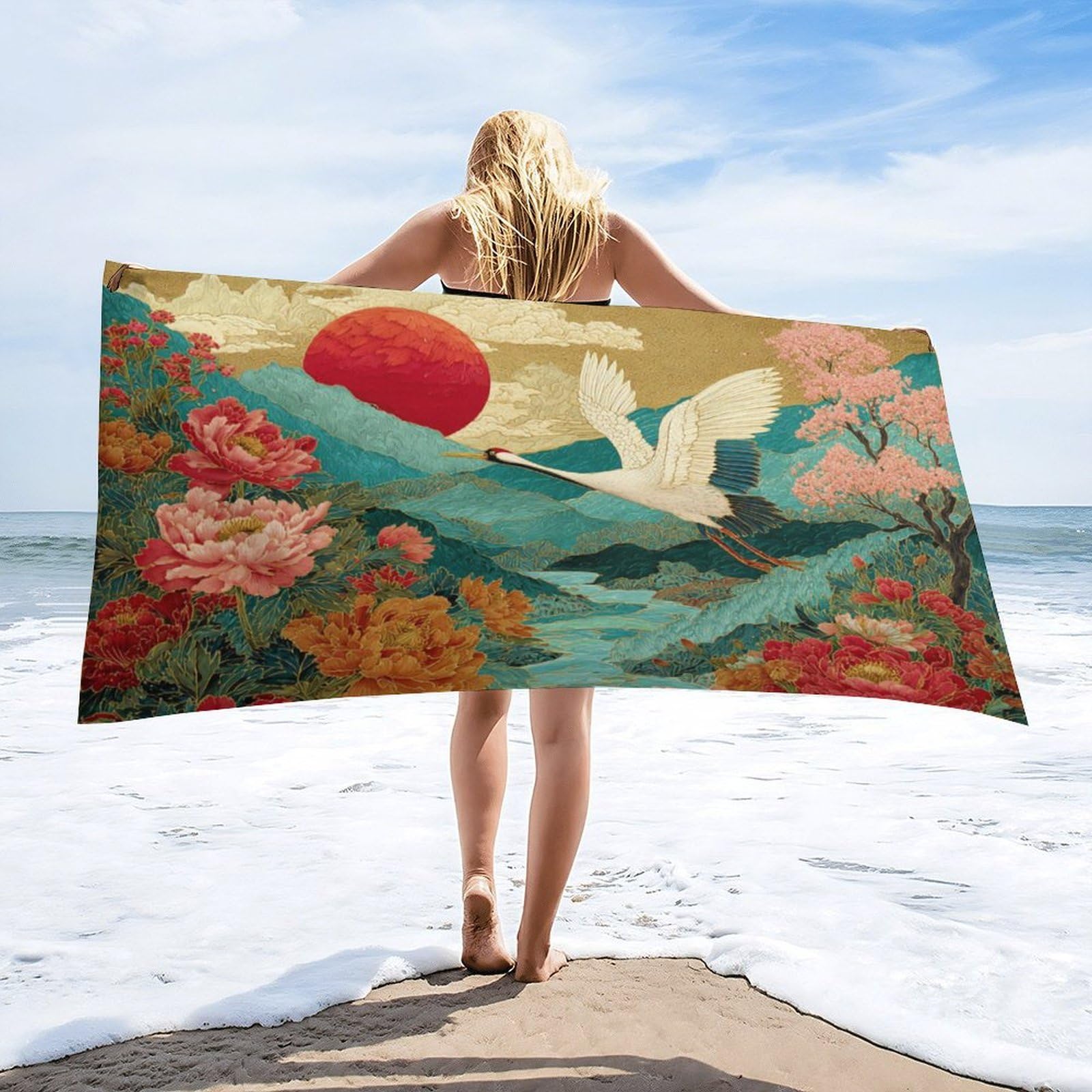 Luyysky Fantasy Elegant Animal Crane Absorbent Beach Towel, Retro Classic Japanese Red Sun Peonies Cherry Blossoms Floral Outdoor Single-Sided Velvet Beach Towel-80 W Cm X 160" L Cm