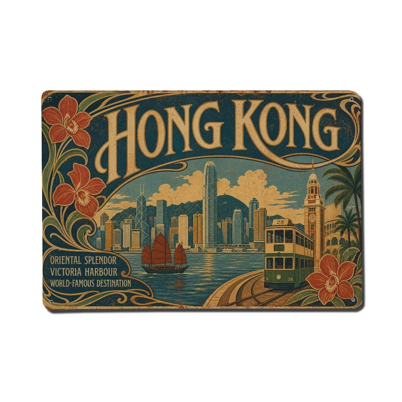 Huiyhb 8X12inch(20X30cm) Vintage Travel Hong Kong Icon Metal Tin Sign