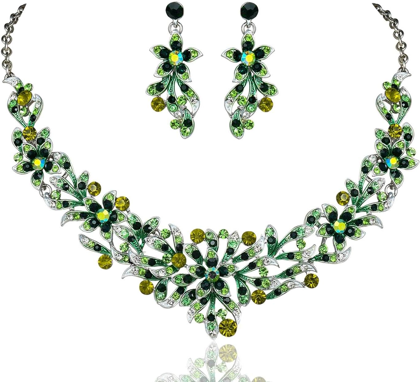 FLORAL FLOWER GREEN AUSTRIAN RHINESTONE CRYSTAL BIB STATEMENT NECKLACE AND EARRINGS SET PARTY BRIDAL N1731G