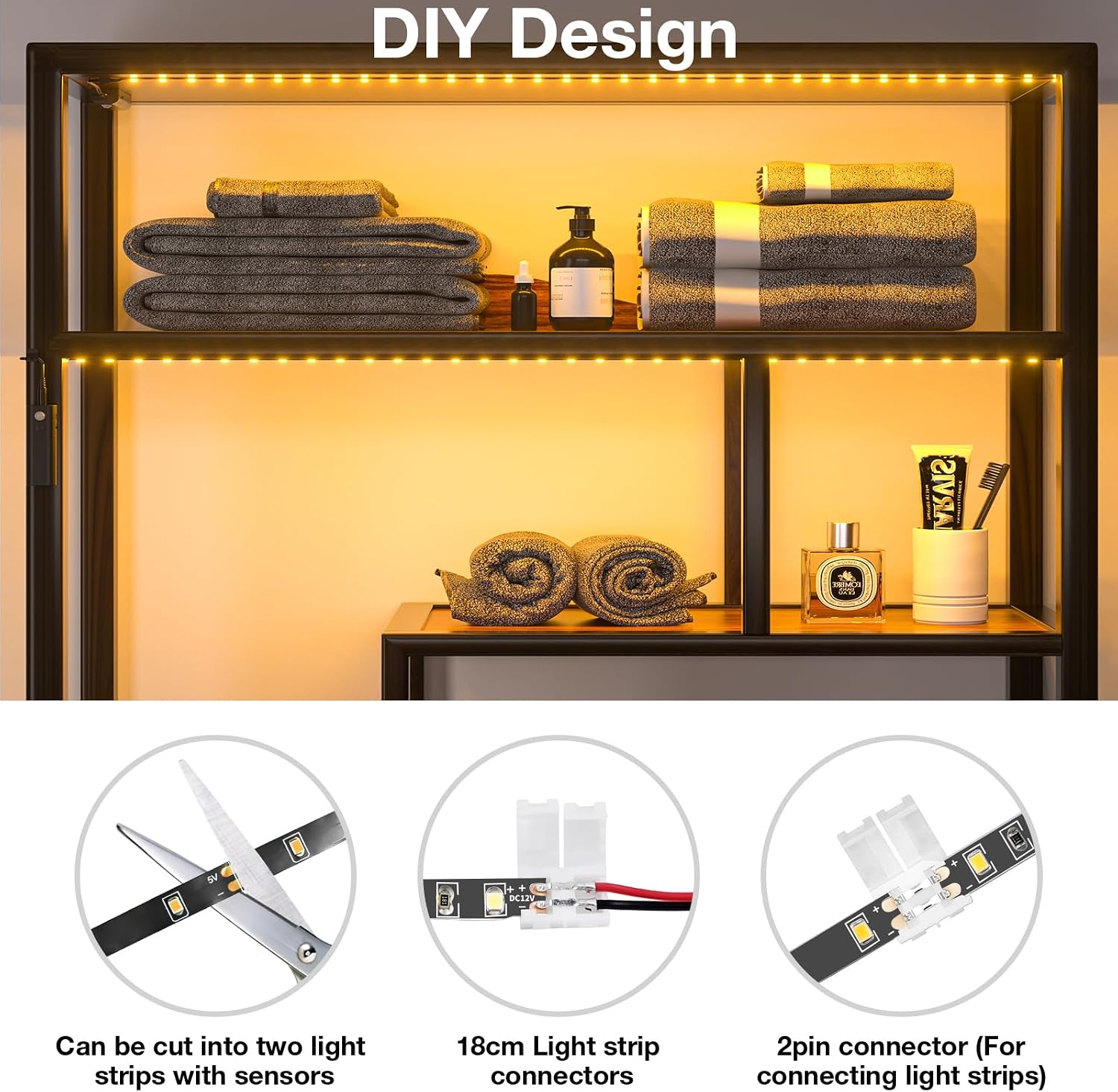 Diagram showing how to cut the LED strip with scissors and examples of 18cm light strip connectors and 2-pin connectors for rejoining.