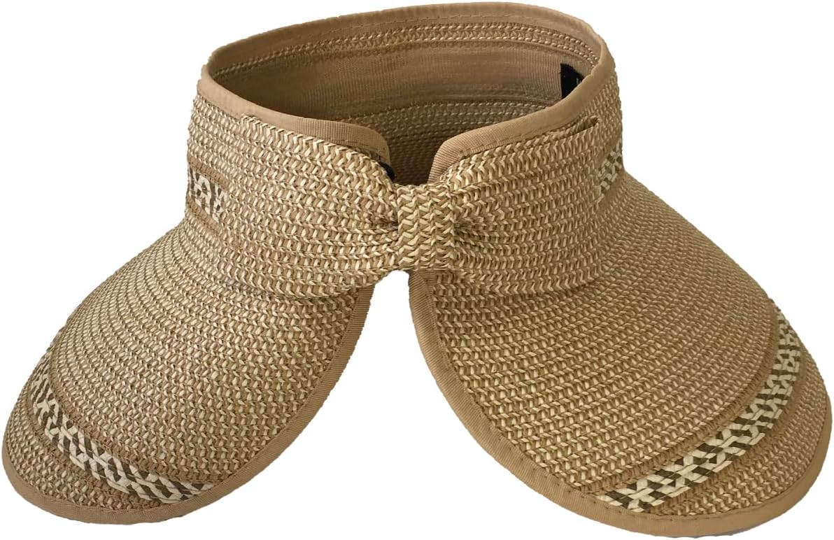 Magid Packable Wide Brim Straw Sun Visor Hat, Roll-Up Design with Contrast Stitch, Toast - Perfect for Sun Protection