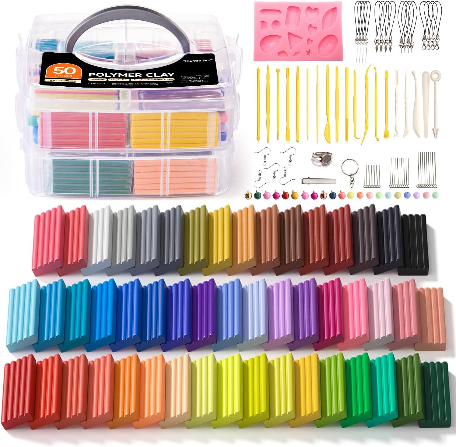 Shuttle Art 50 Colors Polymer Clay Kit - 19 Sculpting Tools, 10 Accessories, Non-Stick Non-Toxic Oven Bake Clay for Kids & Crafts