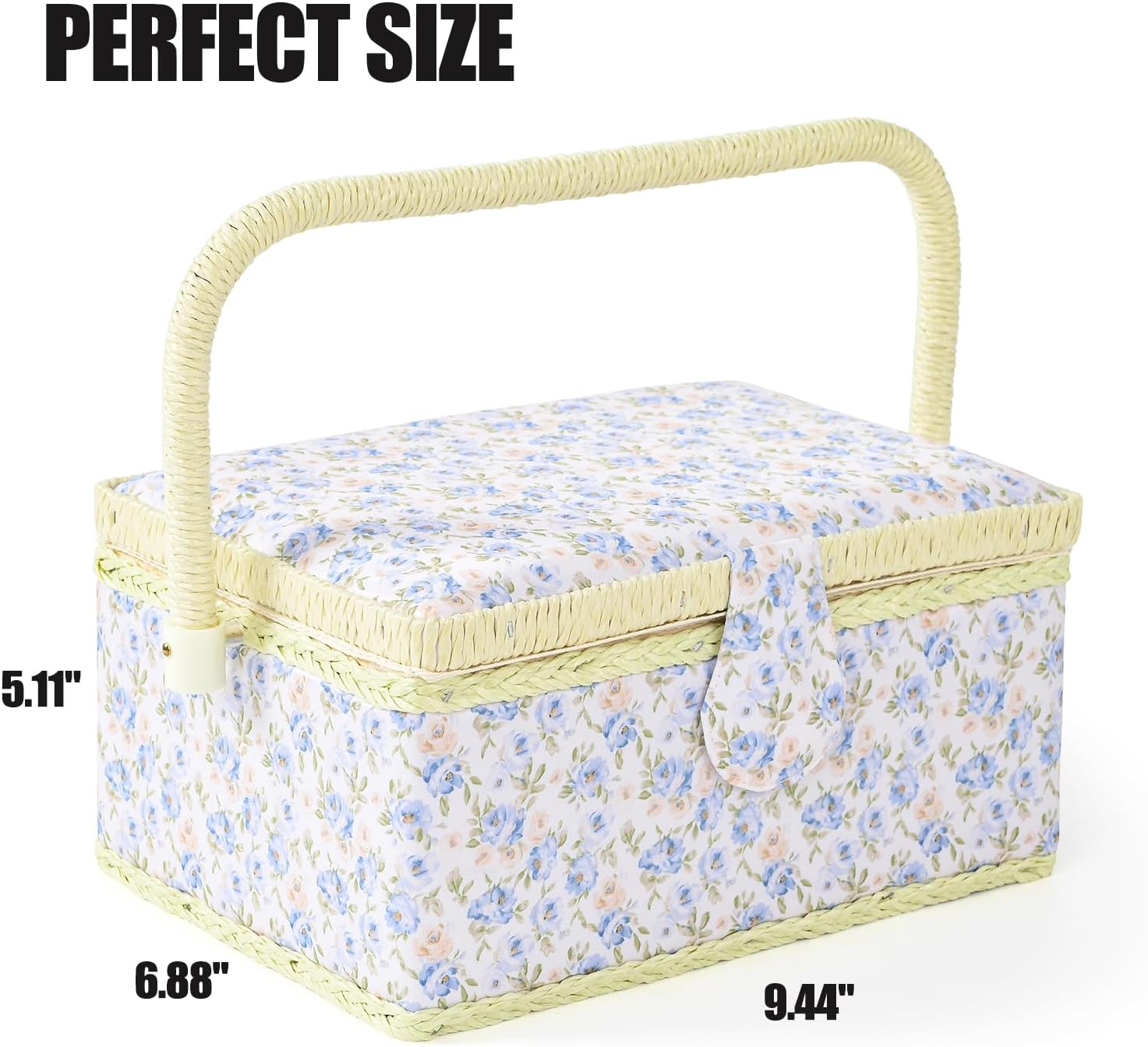 Sewing Basket - Sewing Box for Sewing Supplies, Sewing Organizer Box Sewing Kit Storage Christmas Gift for Sewing Enthusiast (Pale Blue Flowers)