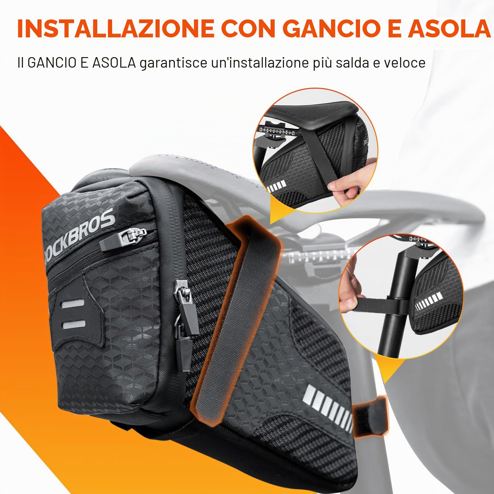 ROCKBROS Borsa Bici Sella Bicicletta Borsa Sottosella per Bici MTB Installazione Facile Catarifrangente Grande Capacità 1.5L Ultra-Leggero