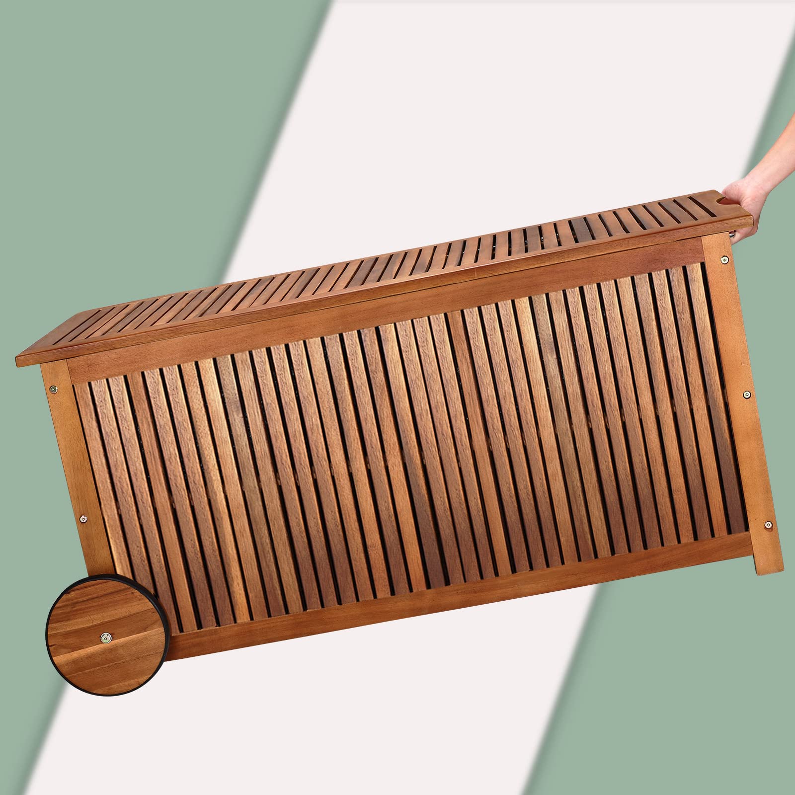 Casaria® Gartenbox Holz 350L Deckel 160kg belastbar Räder Griff Innenplane Ablaufkante Garten Stauraum Box Auflagenbox Akazie Wetterfest 117x52cm