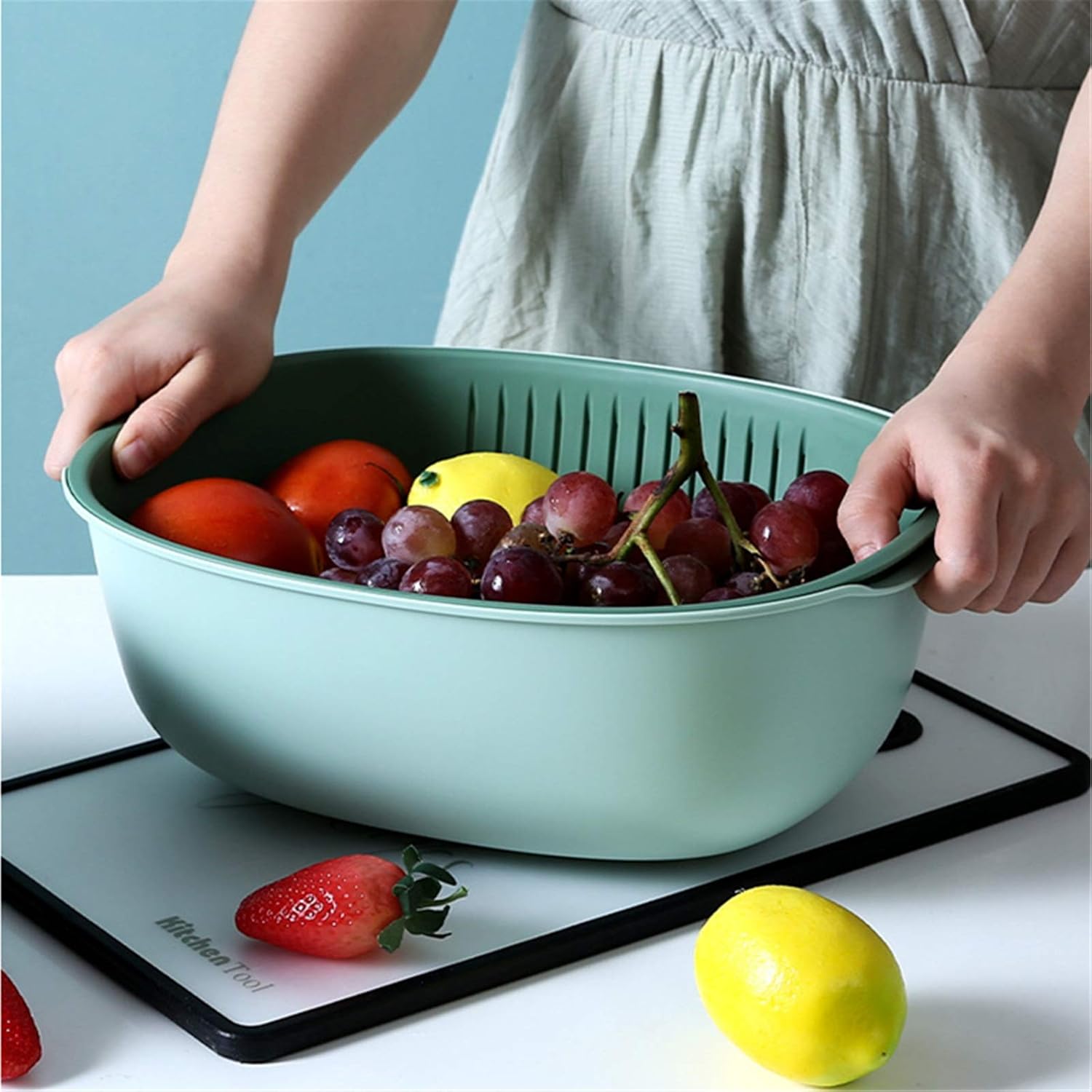 Kitchen Drain Basket Double-Layer Plastic Drain Basket Household Vegetable Washing Basket Rice Washing Basket Fruit Tray Storage Basket Easy to Clean (Color : Double Green Size : 31x12.3cm)