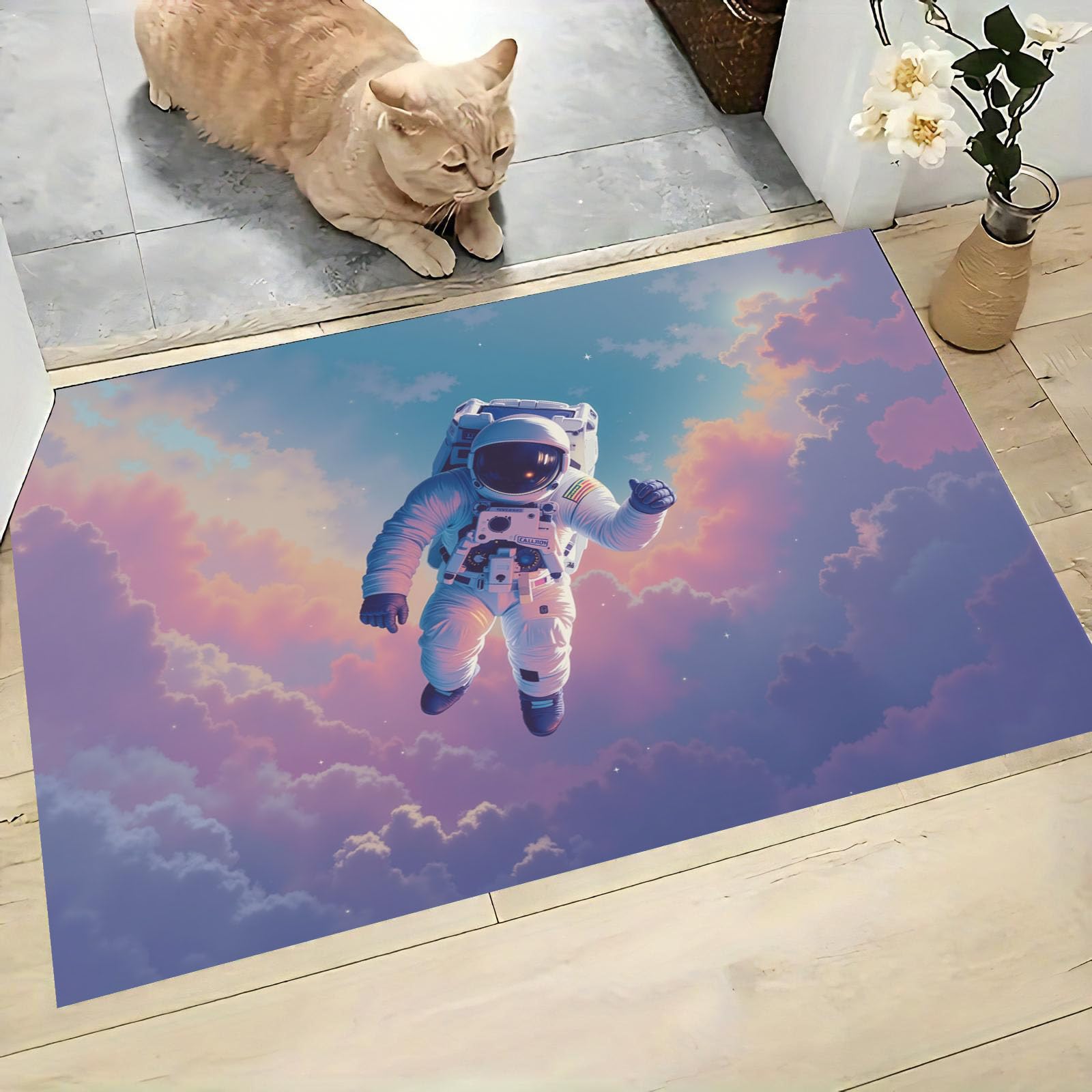 Felpudo de Entrada 80x120cm, Alfombra Espacio De Ensueño Atrapapolvo Alfombra Astronauta Flotando Antideslizante Lavable, Alfombrilla con Microfibras Suaves Absorbentes para Puerta, Pasillo, Púrpura