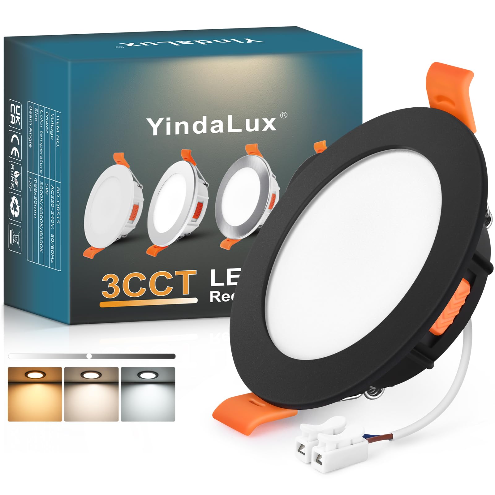 YindaLux Recessed LED Spotlight 230V Dimmable 5W 550LM – Black Ceiling Spot, 68mm Hole Size, IP44 Bathroom Recessed Lighting – Warm 3000K | Neutral 4000K | Cool 6000K (1-Piece Set) — image 1