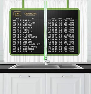 Ambesonne Airport Kitchen Curtains, Digitally Generated Departure Board Flight Timetable List, Window Drapes 2 Panel Set for Kitchen Cafe Decor, 55" x 39", White Charcoal Grey and Lime Green