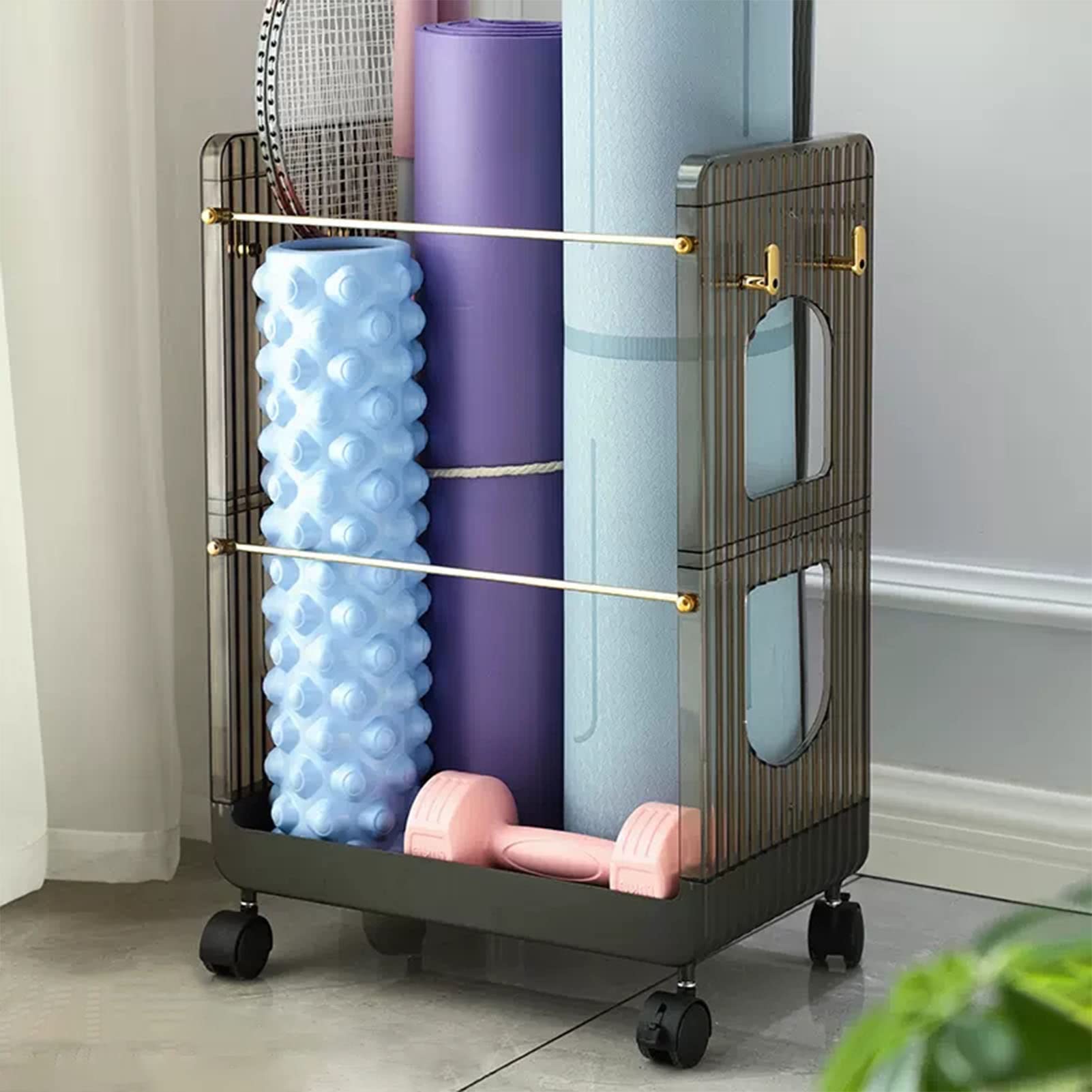 Sostenedor de la Alfombra de Yoga con Las Ruedas y los Frenos, Organizador de Almacenamiento de Entrenamiento para Mancuernas y Rodillos de Espuma - Home Gym Equipment Stand