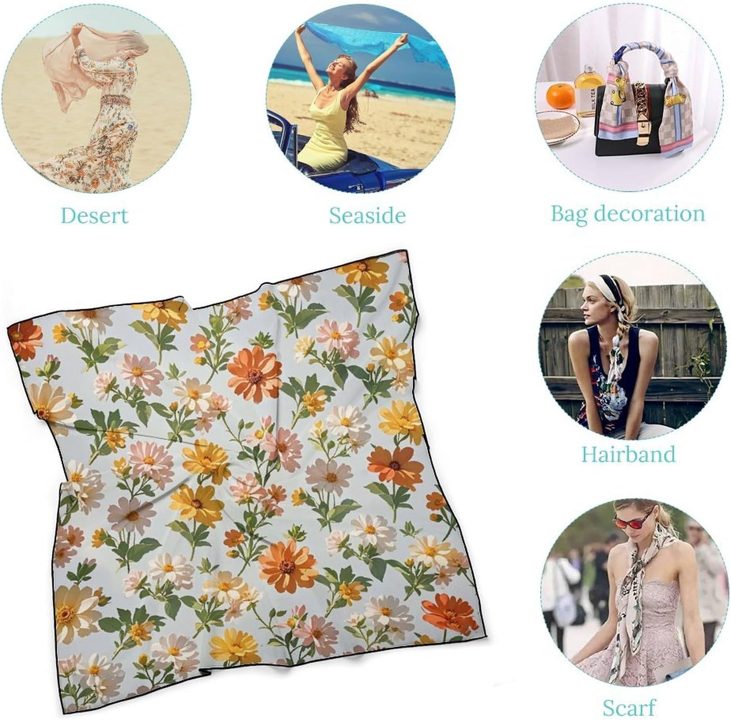 Flower Hair Scarf for Women, Lightweight Square Head Shawls for Men, Fashion Neckerchief for Travel, Hair Bandanas, Silk Satin Neck Scarf for Sleeping, 27 Inches