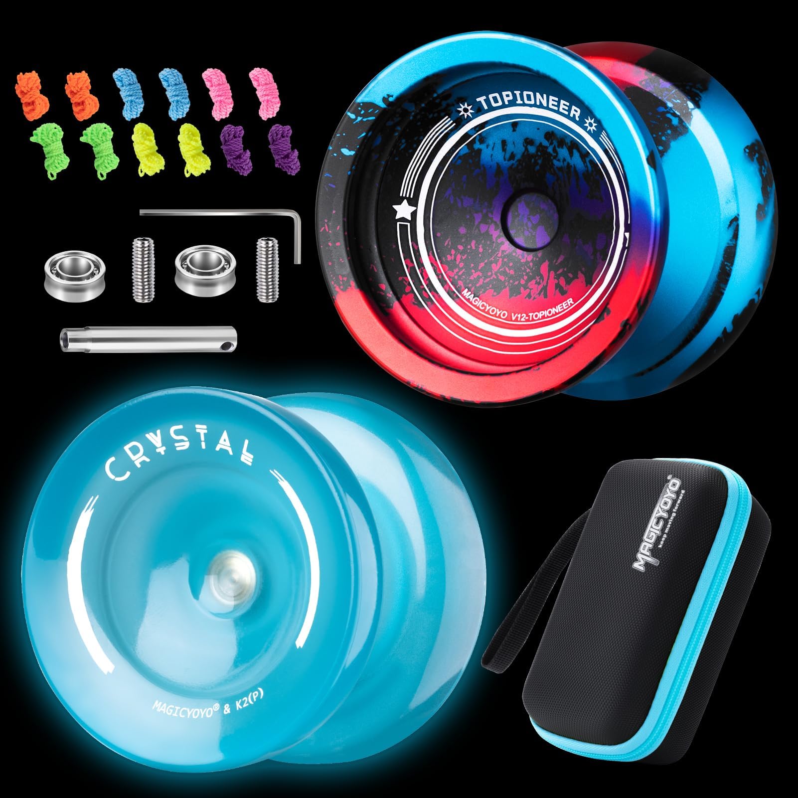 Pack of 2 Yoyos, Responsive yoyo for Kids 8-12, Metal Yoyo V12 + Plastic Yo yo K2, Professional Yo Yo for Adults, Dual Function yoyos with Concave Bearing Kit, 12 Yo-yo Strings