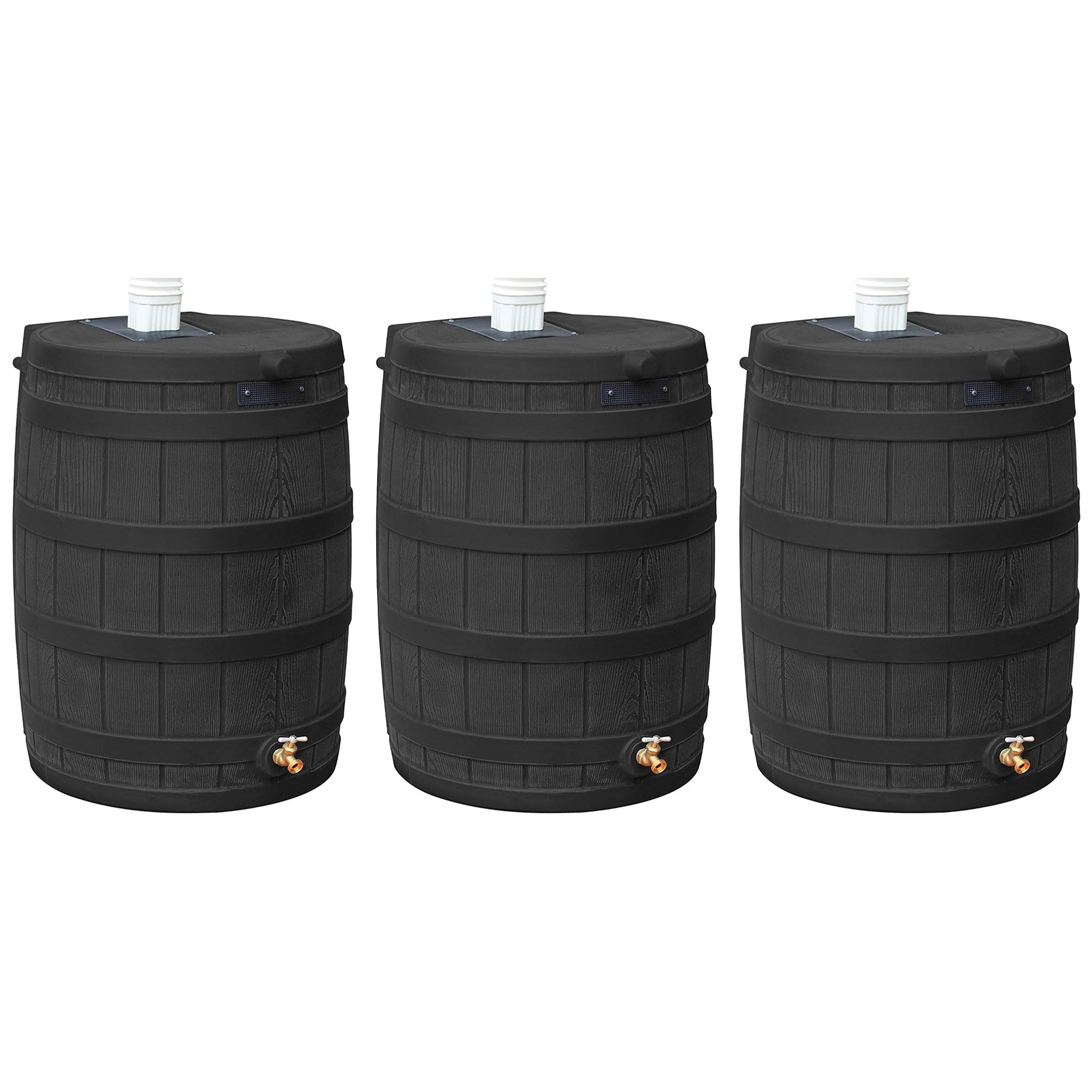 Good Ideas Rain Wizard 50 Gallon Plastic Outdoor Home Rain Barrel Water Storage Collector with Brass Spigot and Flat Back Design, Black (3 Pack)