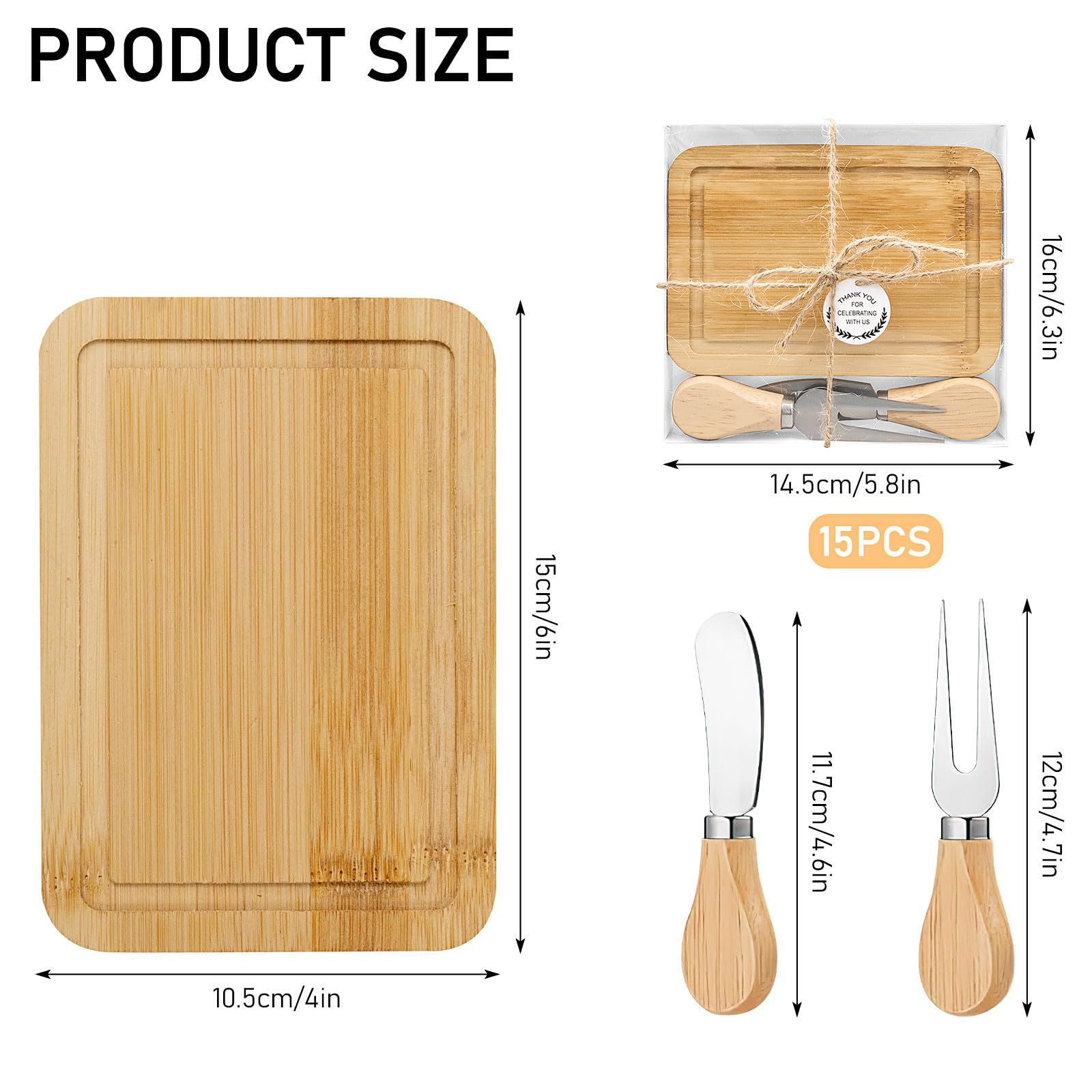 15er Set Käsebrett Gastgeschenke Hochzeit - Mini Charcuterie Boards aus Bambus mit Messer & Gabel - Mitgebsel für Gäste Babyparty, Taufe, Geburtstag - Inkl. Geschenkbox & Thank You Anhänger