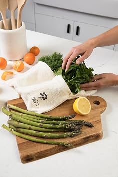 VEJIBAG Two Pocket Herb Bag | Certified Organic Cotton Vegetable Crisper Bags | Keep Herbs & Veggies Fresh | Reusable, Eco-Friendly, Biodegradable, Machine Washable/Dryable | Made in USA
