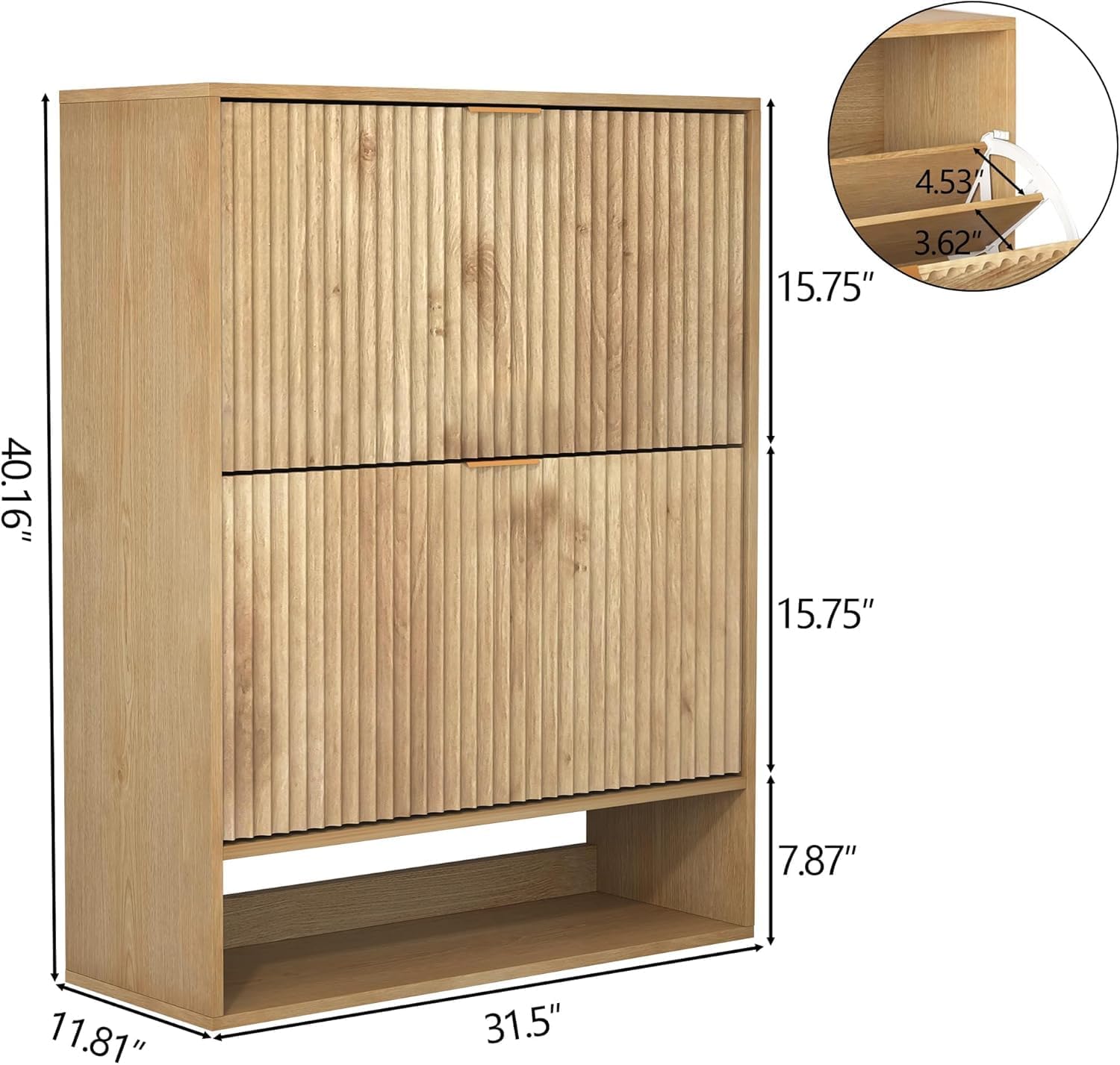 Meuble à Chaussures étroit pour Couloir/Foyer - Armoire à 2 tiroirs basculants - Étagère inférieure Ouverte + Crochets latéraux - Façade cannelée Moderne, Chêne (Couleur Bois Naturel)