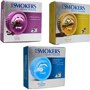 Lot 3 Eva Smokers Clove Miswak Menthol Fluorine Powder Radiance of Teeth Freshening Natural Herbal Halal Total 3 Pack = 4.23 oz / 120 gm - Each One Pack = 1.41 oz / 40 gm