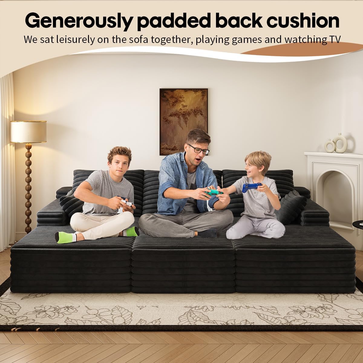 Multi-functional 3-seater sofa bed with plush cushioning and modern corduroy design; no assembly required