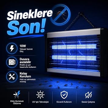 Coverzone 10W LED Çift Tüplü Elektrikli Sinek ve Sivrisinek Öldürücü Cihaz 45x23x5 cm Zincir Askılı Böcek Öldürücü Tuzak Düşük Enerji Tüketimli