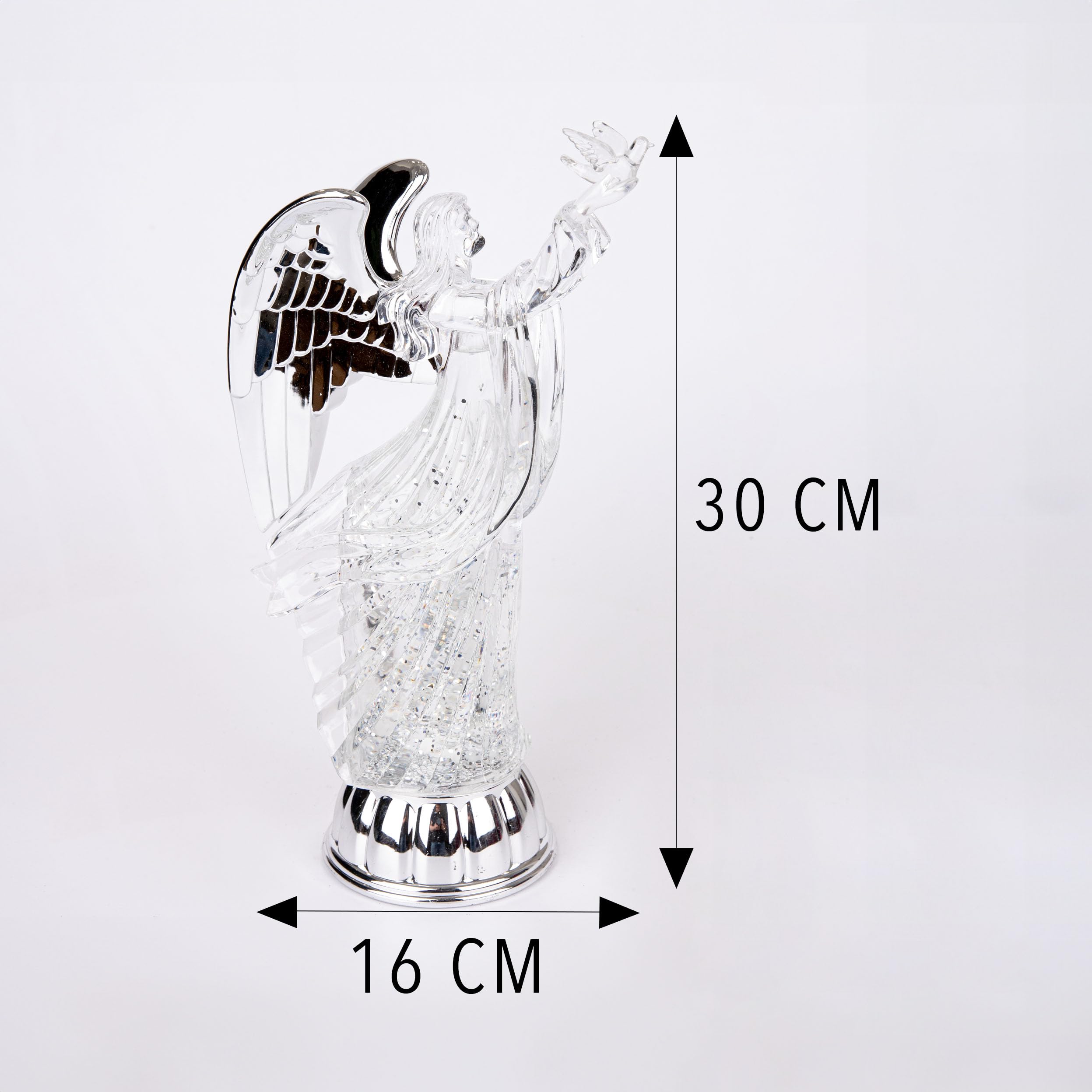 Figura a forma di angelo con luci a LED, 30 cm, azionata da pastella, filatore d'acqua con glitter, palla di neve - ornamento da tavolo in acrilico decorazioni natalizie per la casa