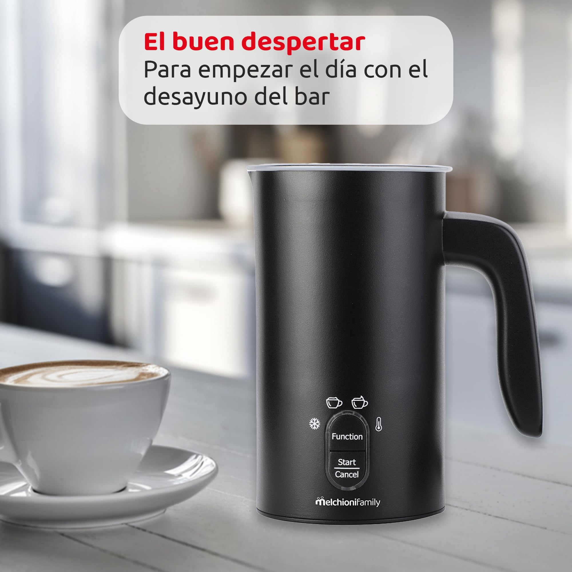 Melchioni Family Milky - Espumador de leche eléctrico, capacidad 300 ml, 4 en 1, apagado automático, espuma fría y caliente, chocolate caliente, capuchino como bar