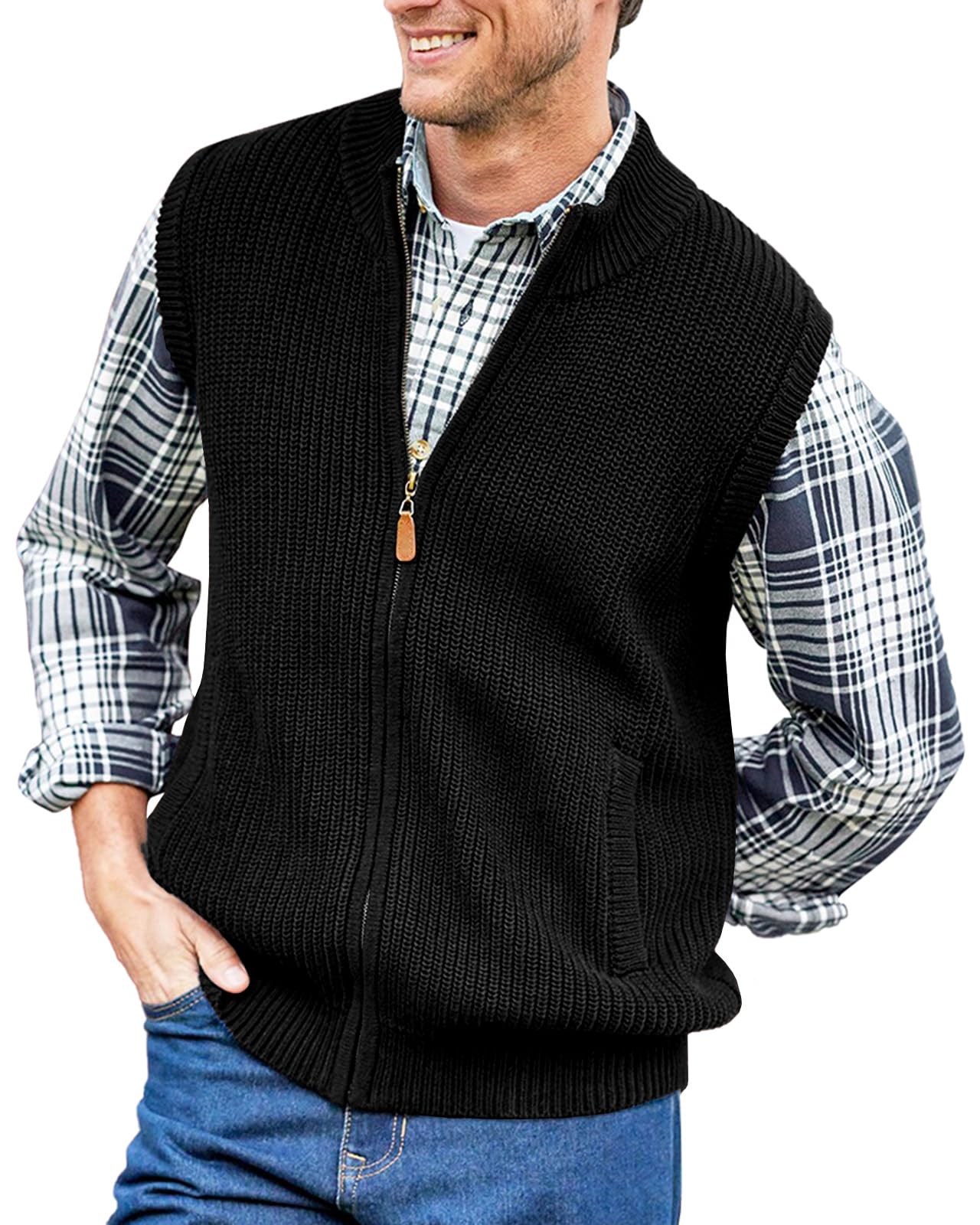 Ryannology Mens Full Zip Up Sweater Vest Knitted Cardigan Slim Fit Casual  Warm Sleeveless Outerwear with 2 Pockets Black at Amazon Men's Clothing  store
