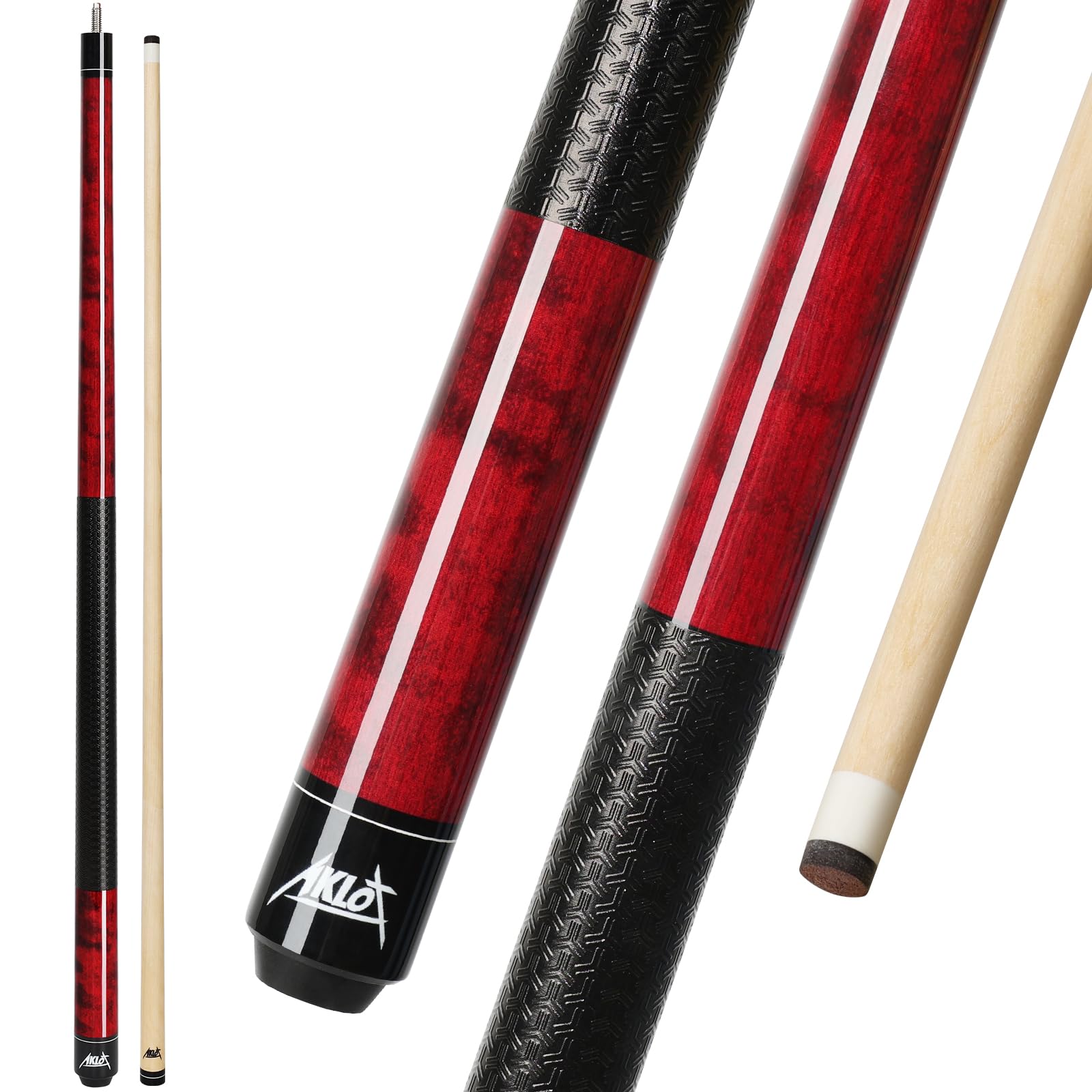 Aklot Pool Cue Sticks 58'', 20z, Premium Canadian Maple 1/2 Billiard Cue with 13mm Leather Tip, 3D Anti-Slip Grip, Seamless Joint, Table Billiard Pool Stick for Adults/Beginners/Pro Players, Burgundy
