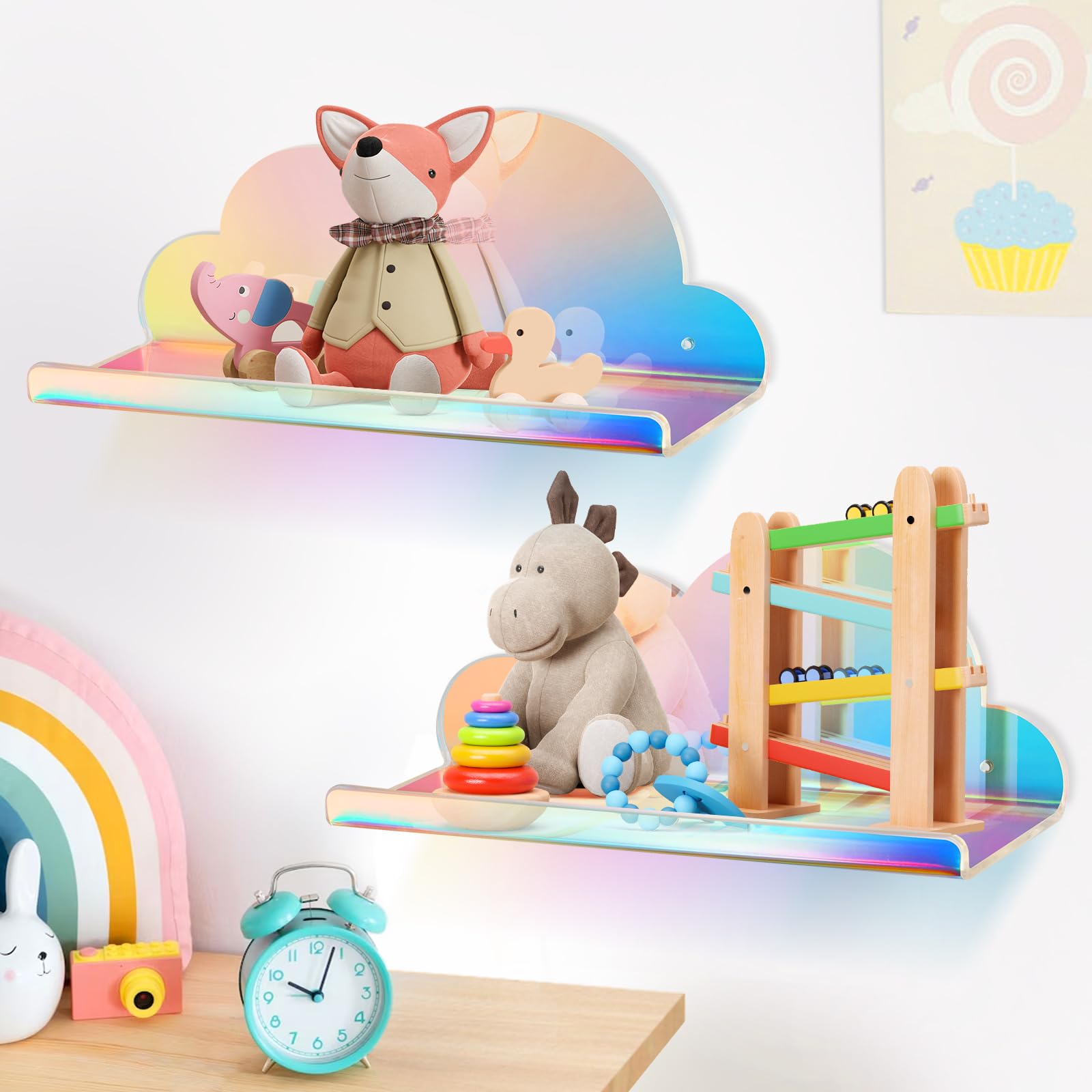 NiHome Extra Large Iridescent Acrylic Floating Shelves, 2 Pack Cloud Shelves - Floating Shelf for Wall, Wall Mountable and Multi-Functional for Home Décor, Bathroom, Kitchen, Bedroom