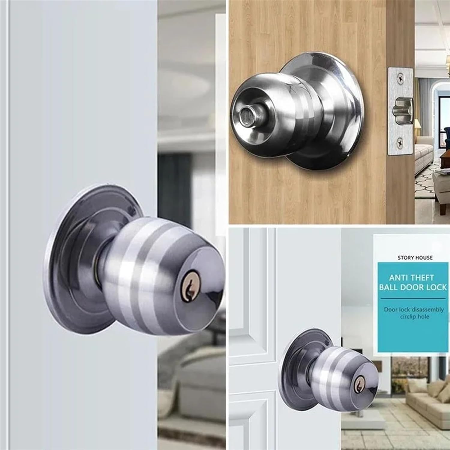 Internal House Round Door Knob Handle Alloy Steel Latch Spherical Bedroom Entrance Bathroom WoodDoor Lever Lock with Key 1Pcs(70mm Center Distance)